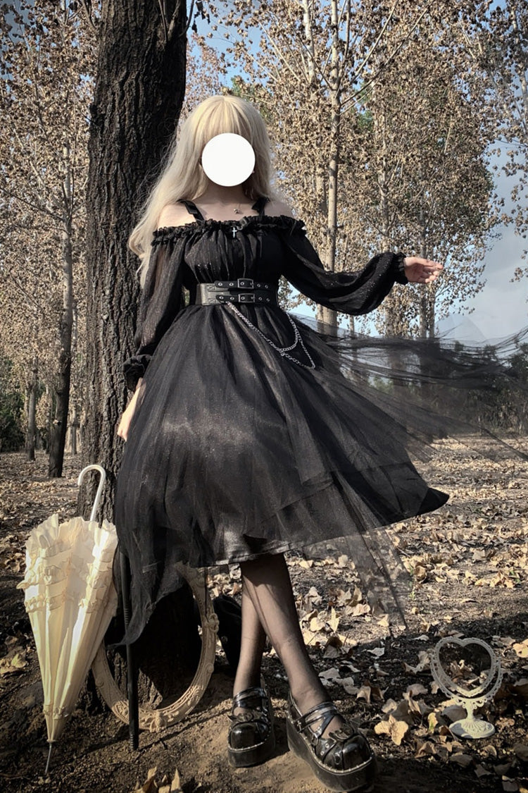 Black Long Sleeves Ruffle Bowknot Stitching Lace Gothic Plus Size Lolita Dress