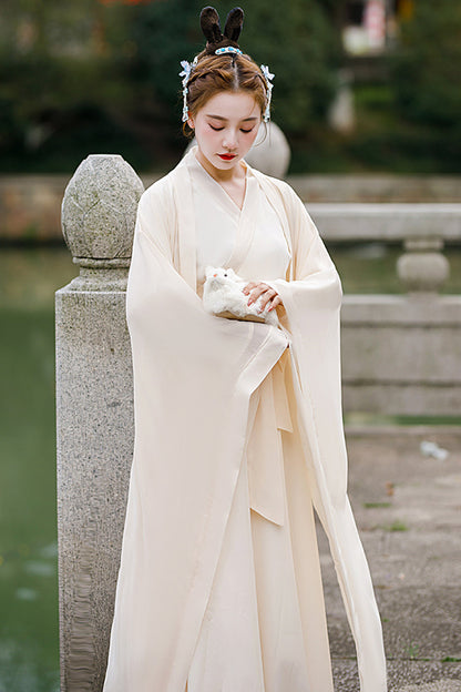Beige Chang'E Ancient Costume Elegant Wide Sleeves Classic Hanfu Dress