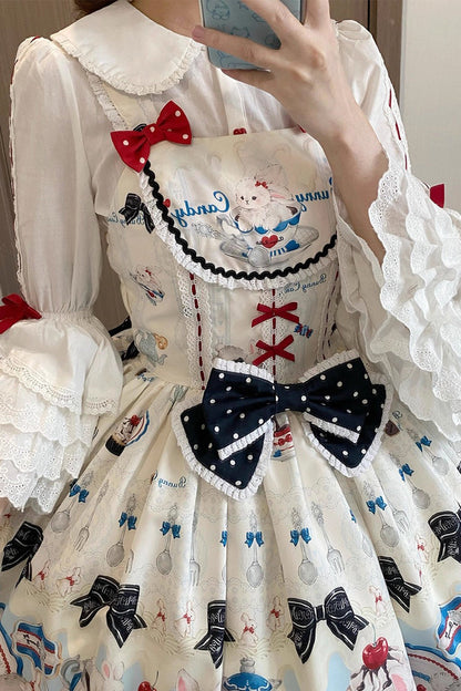Beige [Mystery Rabbit Tea Party] Sleeveless Print Ruffle Bowknot Lace Sweet Lolita Jsk Dress