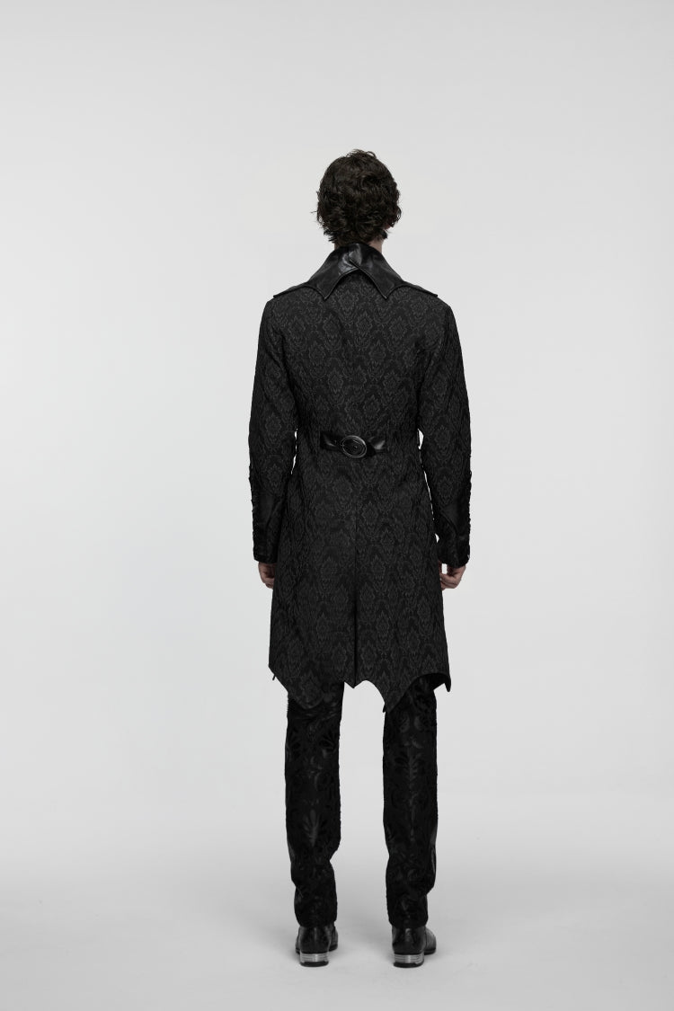 Black Lapel Collar Long Sleeves Jacquard Spliced Lace-Up Slim Buckled Men's Gothic Coat