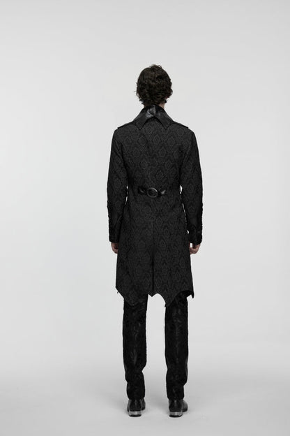 Black Lapel Collar Long Sleeves Jacquard Spliced Lace-Up Slim Buckled Men's Gothic Coat