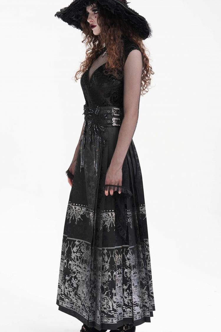 Black Print Embroidery Women's Gothic Crochet Tassels Bucket-up Long Skirt