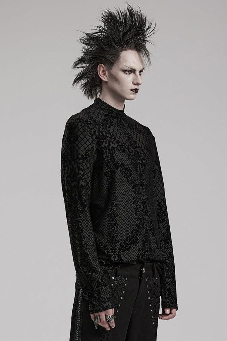 Black High Collar Long Sleeves Flocking Print Mens Gothic T-Shirt