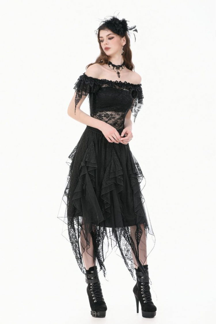 Black Off Shoulder Floral Sheer Lace Women's Gothic Top