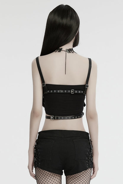 Black Faux Leather Stitching Cutout Ring Women's Punk Crop Top