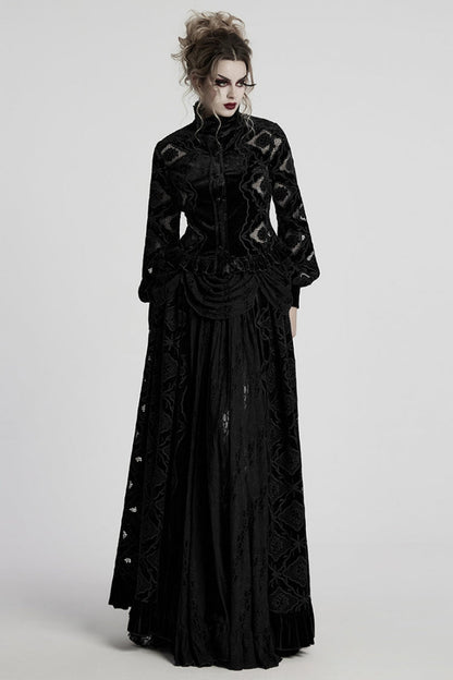 Black Long Sleeves Ruffle Floral Embroidery Women's Gothic Blouse