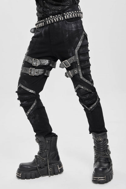 Black Buckle Straps Pleated Men's Punk Pants