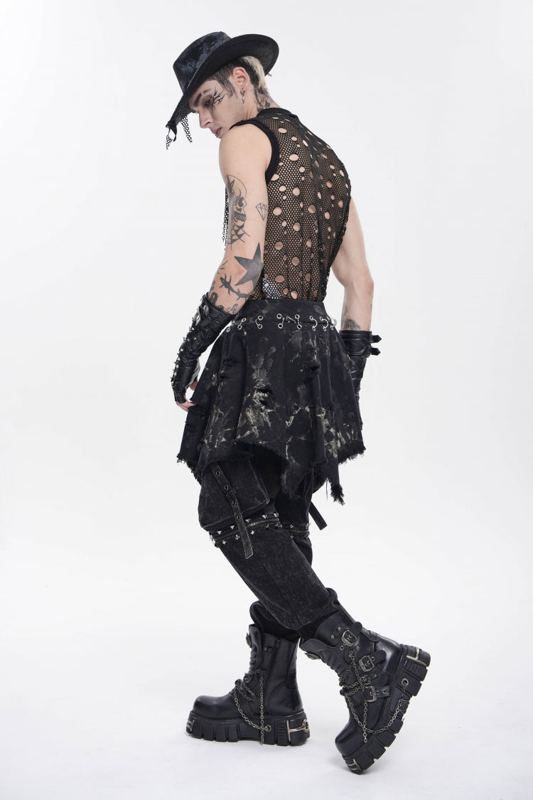 Black Irregular Ripped Buckled Pleated Chain-Decorated Men's Punk Skirt