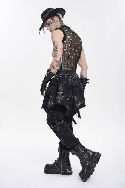 Black Irregular Ripped Buckled Pleated Chain-Decorated Men's Punk Skirt