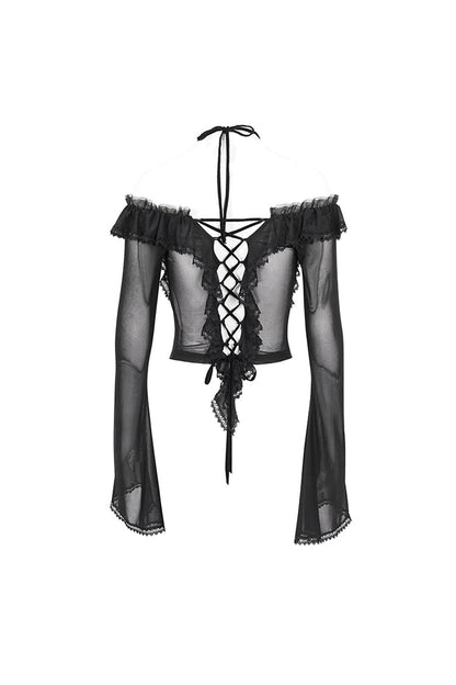 Black Lace Up Ruffled Trumpet Sleeves Mesh Women's Gothic Shirt