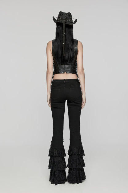 Black Lace-Up Slim Zippered Women's Punk Cool Faux Leather Vest