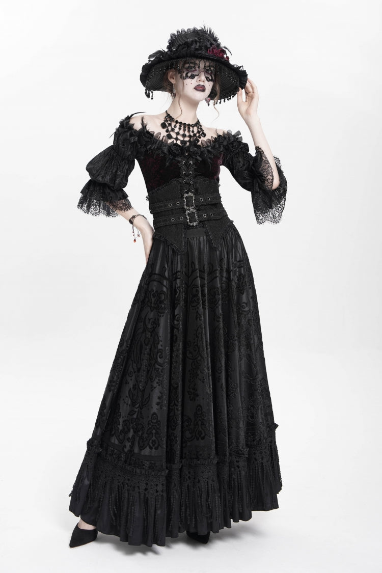 Black Jacquard Embroidery Buckle Tassels Women's Gothic Long Skirt