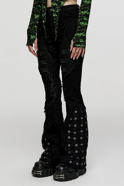 Black Hole Eyes Buckle Unedged Flared Women's Punk Pants