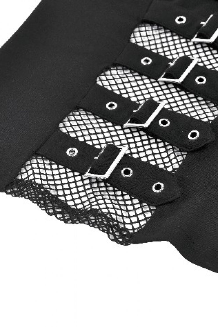 Black Mesh Spliced Long Sleeves Buckled Strap Eyelet Women's Punk Top