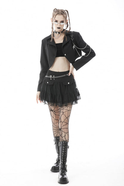 Black Lapel Collar Long Sleeves Chain-Decorated Women's Punk Irregular Short Jacket