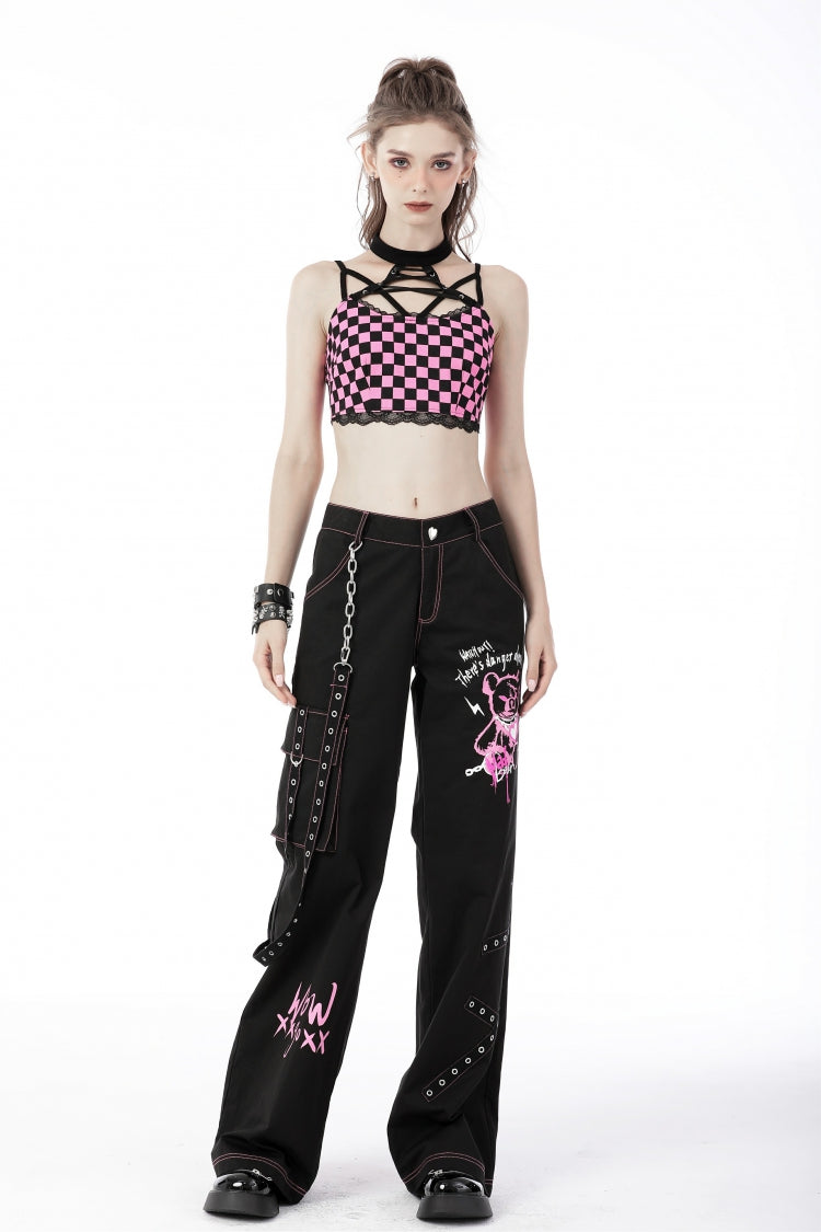 Black Dangerous Bear Chain-Decorated Women's Grunge Bell Bottom Pants