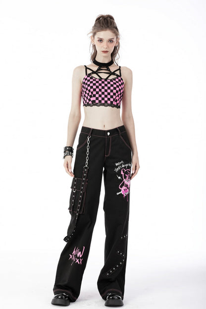Black Dangerous Bear Chain-Decorated Women's Grunge Bell Bottom Pants
