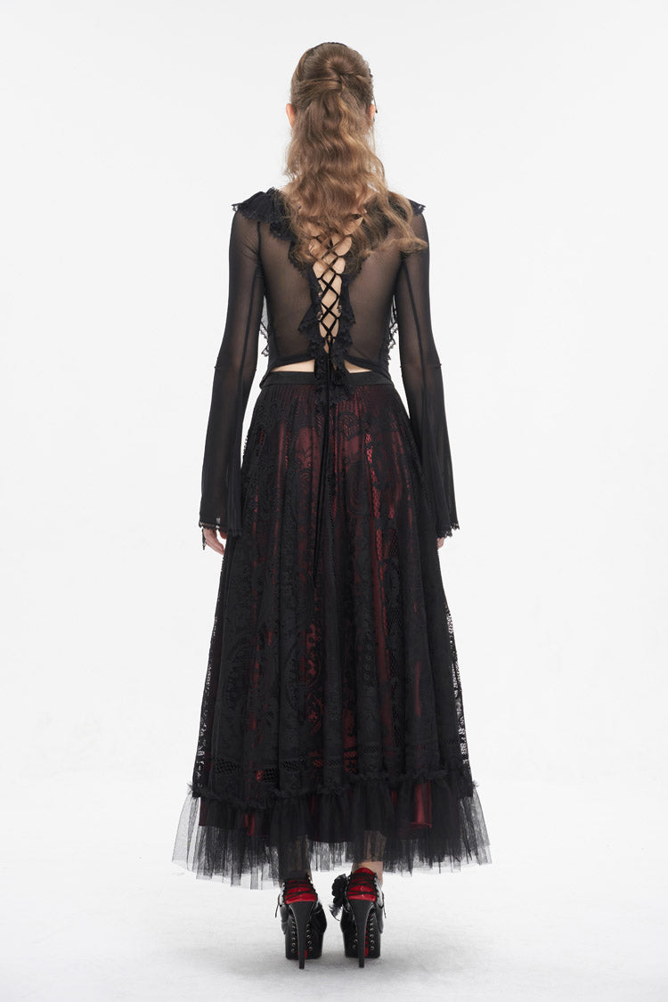 Black Lace Up Ruffled Trumpet Sleeves Mesh Women's Gothic Shirt
