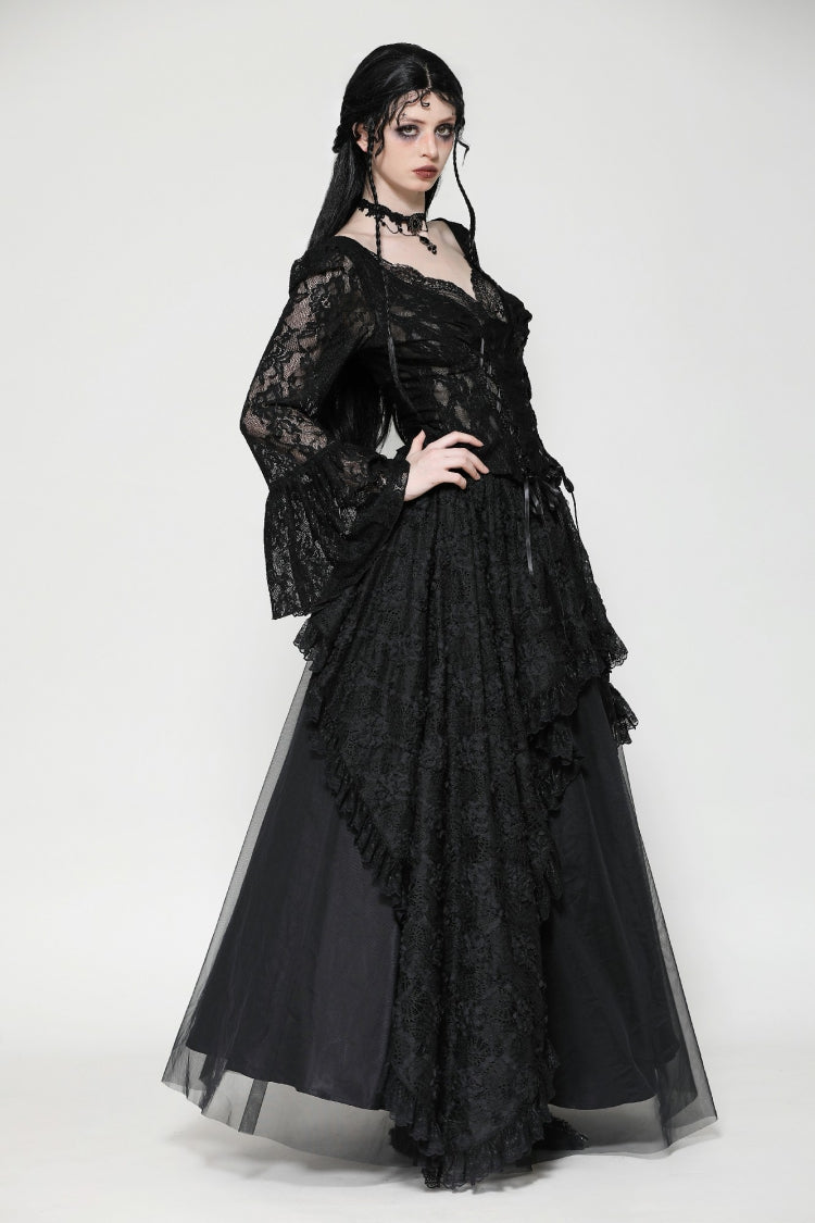 Black Deep V Collar Long Trumpet Sleeves Lace Lace-Up Women's Gothic Corset Top