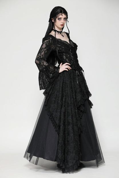 Black Deep V Collar Long Trumpet Sleeves Lace Lace-Up Women's Gothic Corset Top