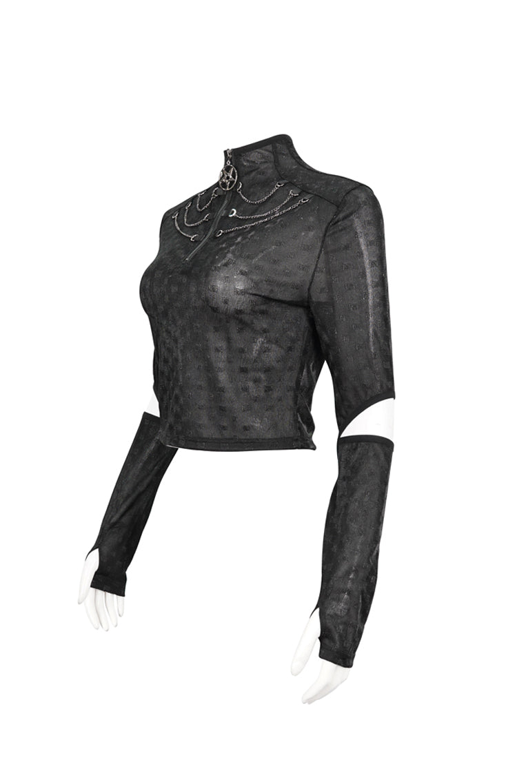 Black Mid-High Collar Front Neck Zipper Hanging Chain Mesh Fabric Long Sleeve Women's Punk T-Shirt