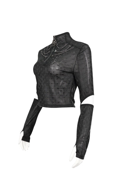 Black Mid-High Collar Front Neck Zipper Hanging Chain Mesh Fabric Long Sleeve Women's Punk T-Shirt