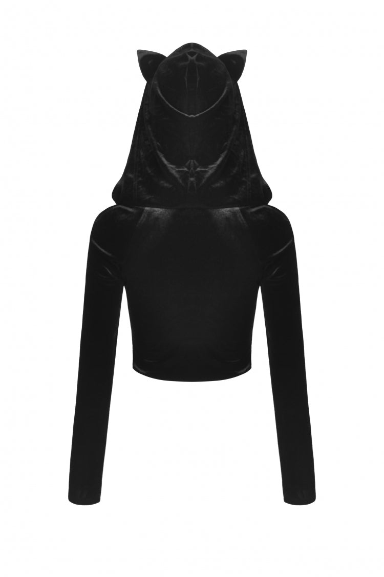 Black Long Sleeves Irregular Moon-shaped Zipper Women's Punk Crop Top with Cat's Ears Hood