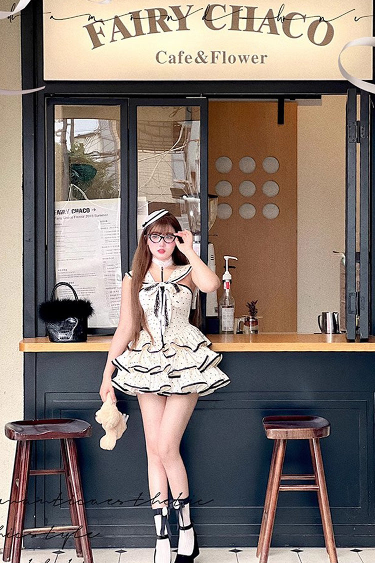 Apricot Multi-layer Polka Dots Print Navy Doll Ruffle Bowknot Sweet Lolita Tiered Dress
