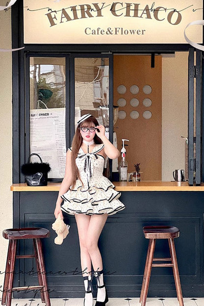 Apricot Multi-layer Polka Dots Print Navy Doll Ruffle Bowknot Sweet Lolita Tiered Dress