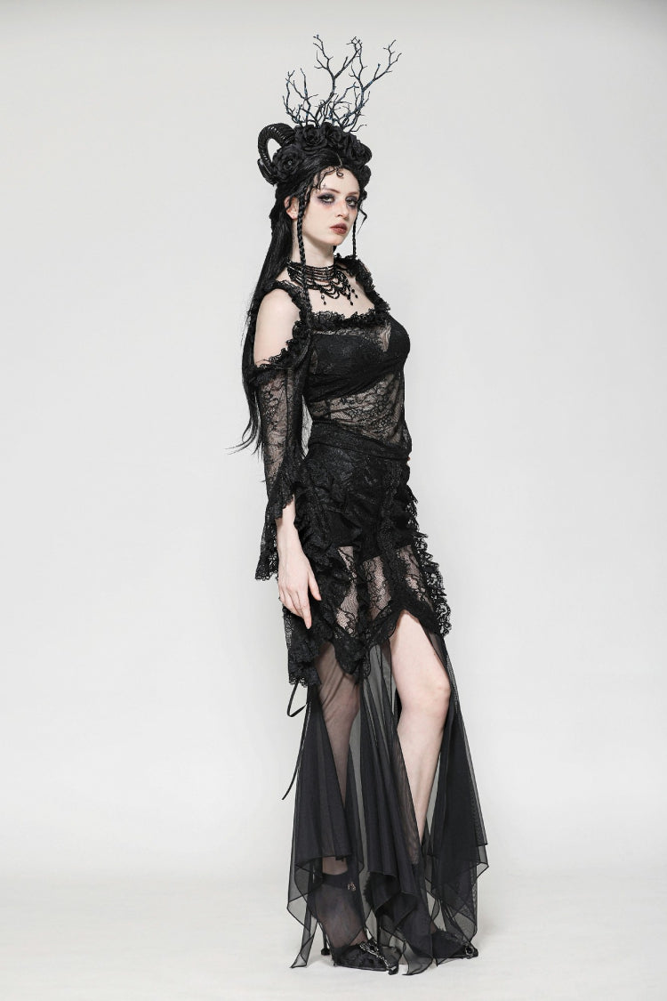 Black Lace-Up Mesh Spliced Lace Women's Gothic Fishtailed Skirt