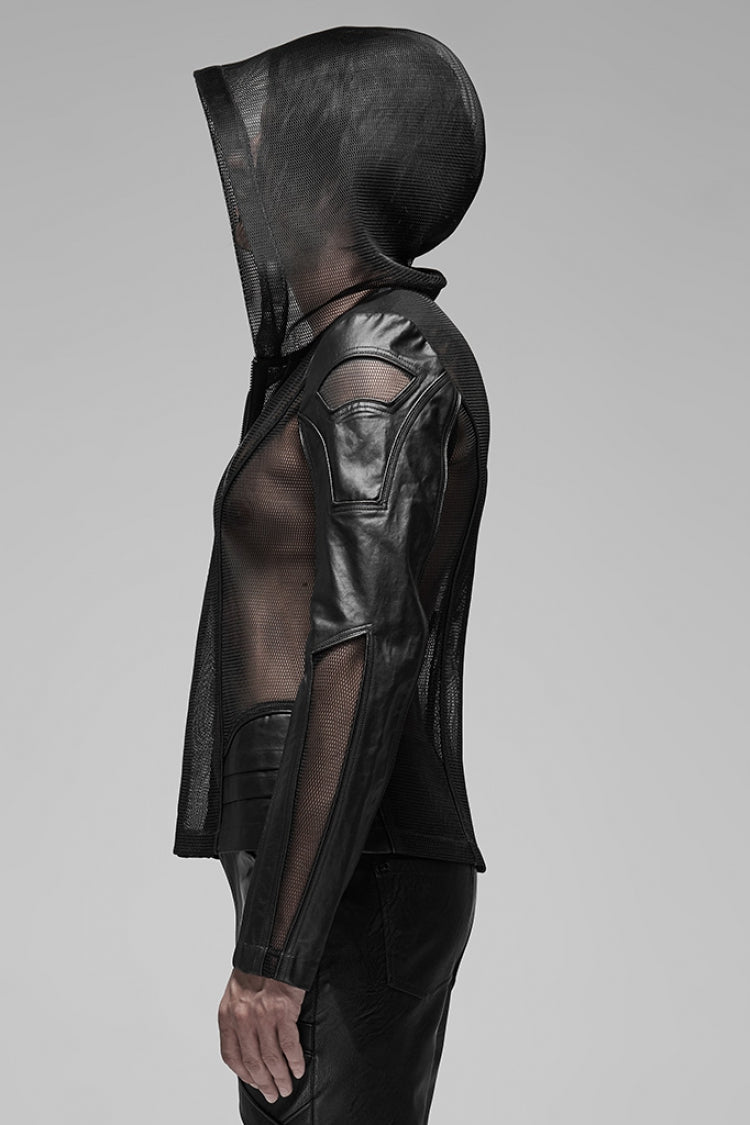 Black Long Sleeves Hooded Mens Translucent Steampunk Coat