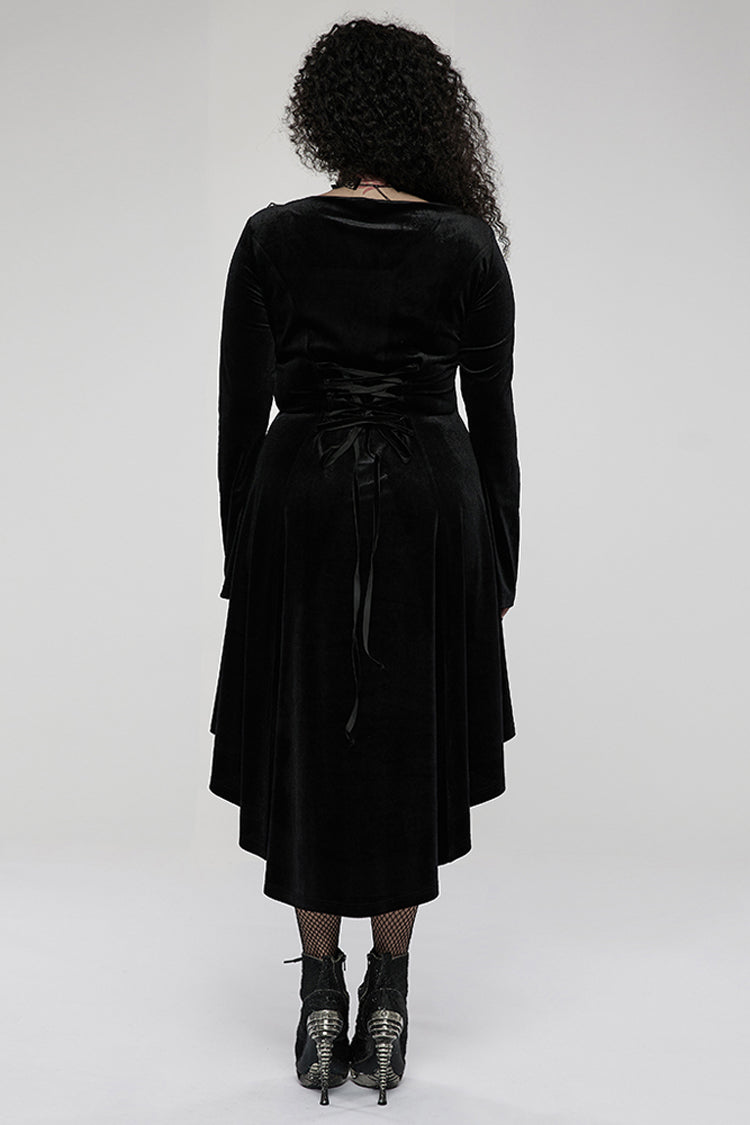 Black Gorgeous Velvet Fabric Embroidered Jacquard Neckline Irregular Hem Trumpet Sleeve Women's Gothic Dress
