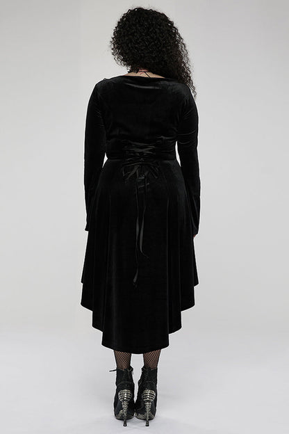 Black Gorgeous Velvet Fabric Embroidered Jacquard Neckline Irregular Hem Trumpet Sleeve Women's Gothic Dress