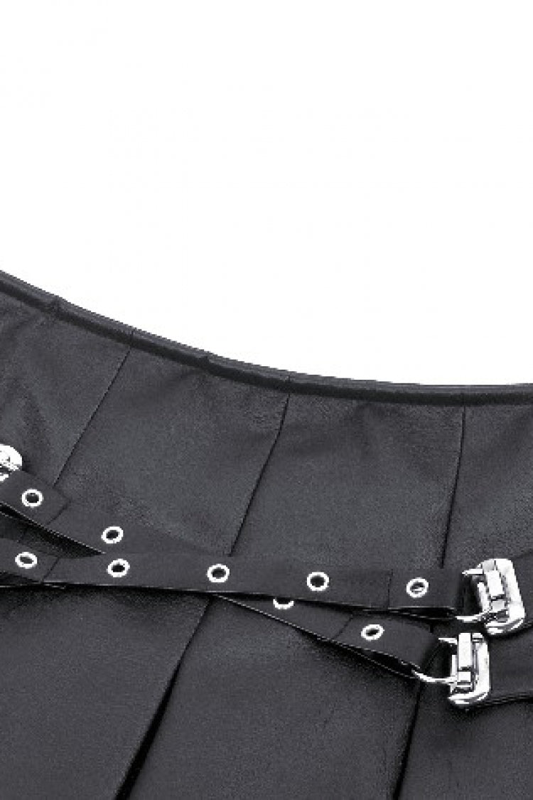 Black Low Waisted Buckle-Up Women's Punk PU Leather Pleated Mini Skirt