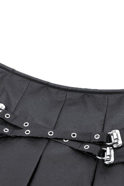 Black Low Waisted Buckle-Up Women's Punk PU Leather Pleated Mini Skirt