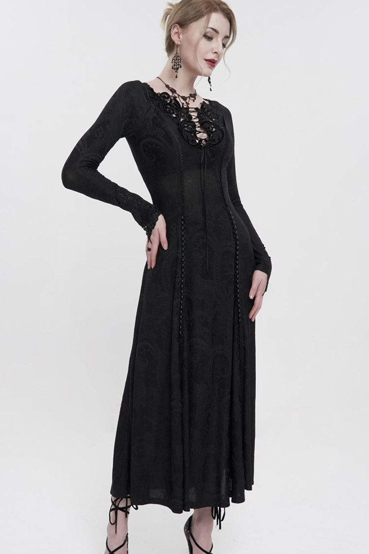 Black Long Sleeve Long Knitting Symmetrical Applique And String at The Chest Women's Gothic Dress