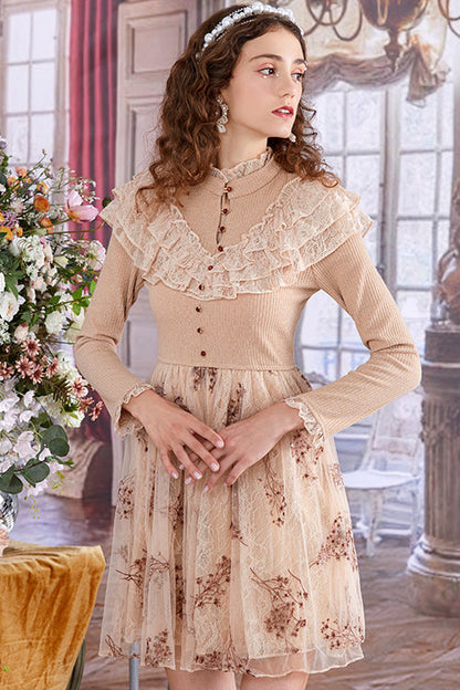 Beige Lace Knit Round Collar Long Sleeves High Waisted Embroidery Mesh Sweet Lolita OP Dress
