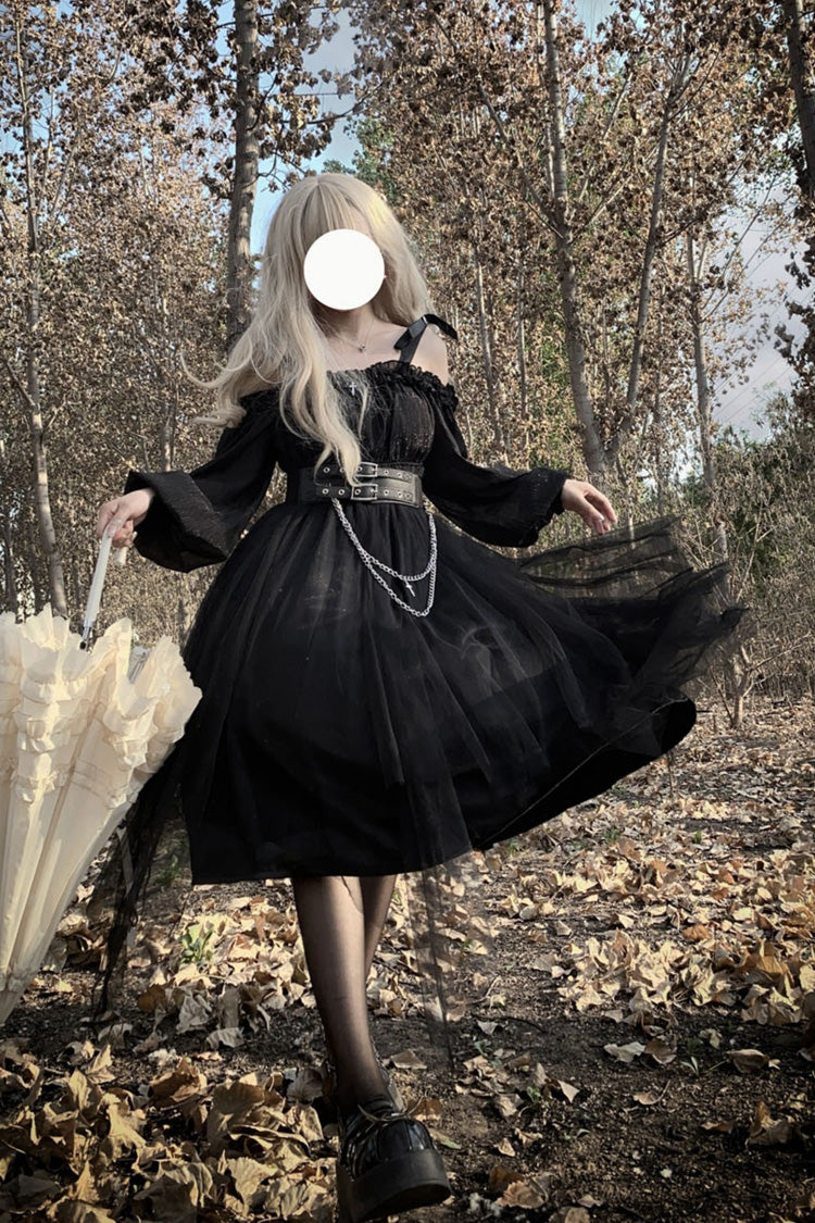Black Long Sleeves Ruffle Bowknot Stitching Lace Gothic Plus Size Lolita Dress