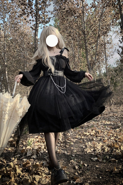 Black Long Sleeves Ruffle Bowknot Stitching Lace Gothic Plus Size Lolita Dress