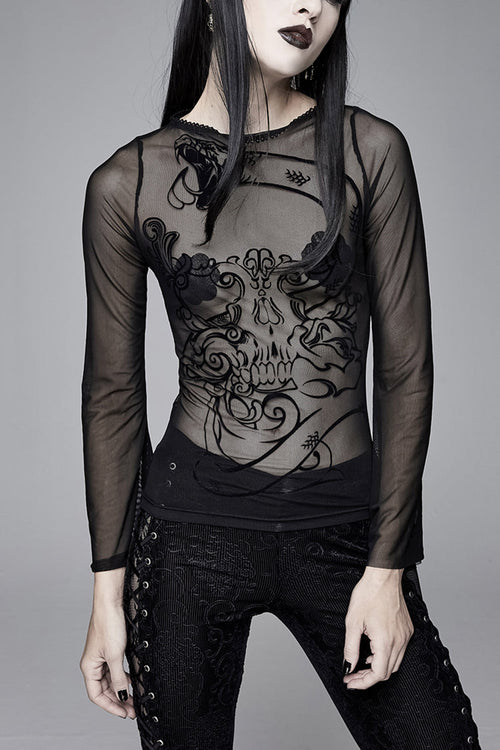 Black Mesh Horn Sleeve Snake Flocking Printed Women's Gothic Shirt