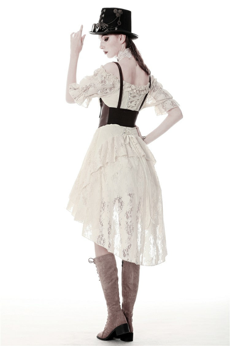 Beige Ruffled Off Shoulder Short Sleeves Ruched Women's Steampunk Vintage Gorgeous Graduation Dress