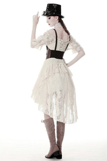 Beige Ruffled Off Shoulder Short Sleeves Ruched Women's Steampunk Vintage Gorgeous Graduation Dress