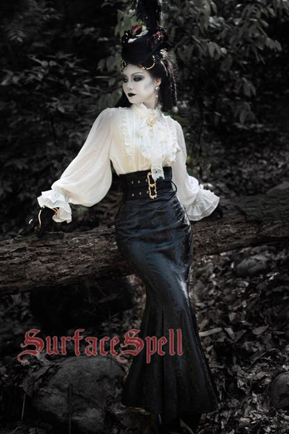 Black Faux Leather Snake Print Flared Fishbone Mermaid Gothic Lolita Skirt