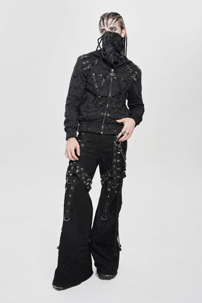 Black Long Sleeves Hexagram Print Hooded Ripped Pleated Men's Punk Coat
