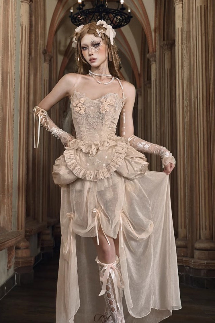 Apricot V Collar Sleeveless High Waisted Ruffle Embroidery Lace Fishbone Gothic Lolita Corset Skirt Set