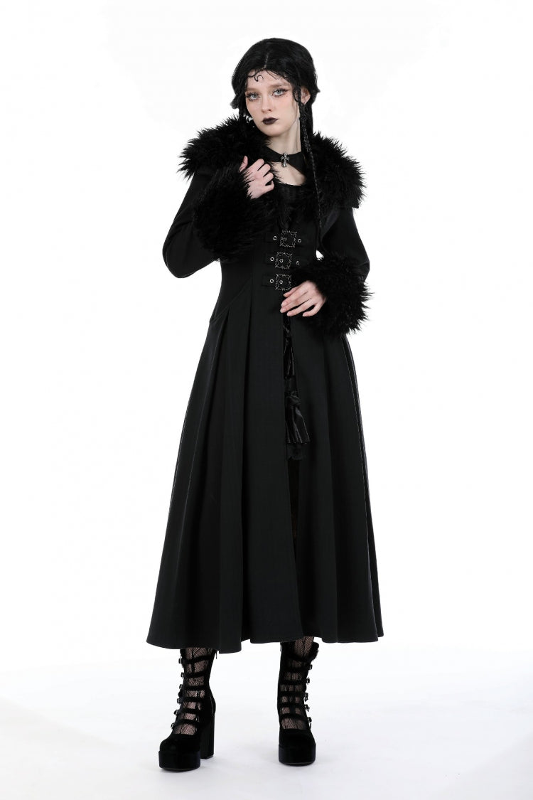 Black Long Sleeves Lace-Up Buckled Women's Gothic Draped Coat with Faux Fur Collar