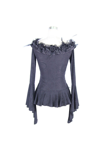 Black Knit One-Word Shoulder Rose Decoration Collar Waist Side Splice Lace Up Flare Sleeve Women's Gothic Shirt