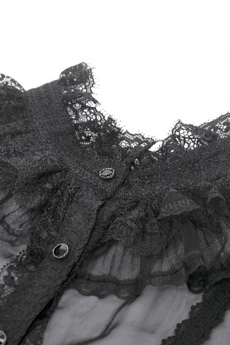 Black Multi-Layered Ruffled Lace Short Puff Sleeves Sheer Women's Courtly Gothic Blouse