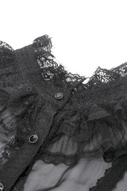 Black Multi-Layered Ruffled Lace Short Puff Sleeves Sheer Women's Courtly Gothic Blouse