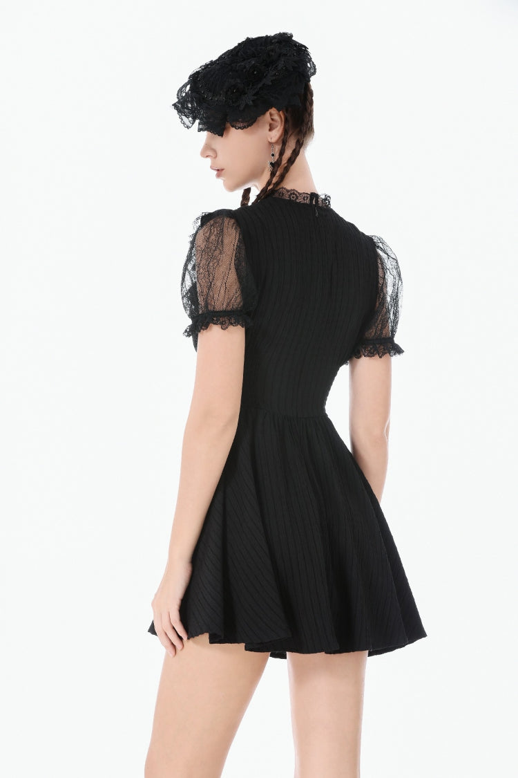 Black Lace Short Sleeves Cross Ruffled Women's Gothic Graduation Dress